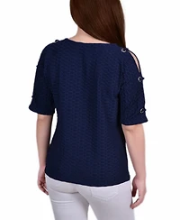 Ny Collection Petite Short Sleeve Honeycomb Textured Grommet Top