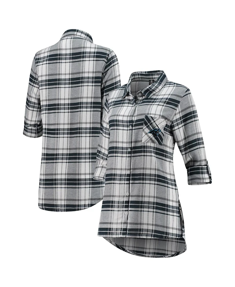 Women's Charcoal, Gray Carolina Panthers Accolade Flannel Long Sleeve Button-Up Nightshirt