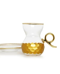 Tea Glasses with Handle and Saucers with Hammered Design, Set of 6 - Gold