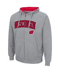 Men's Colosseum Heathered Gray Wisconsin Badgers Arch and Logo 3.0 Full-Zip Hoodie