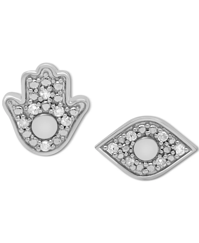 Diamond Hamsa Hand & Evil Eye Mismatch Stud Earrings (1/10 ct. t.w.) in Sterling Silver