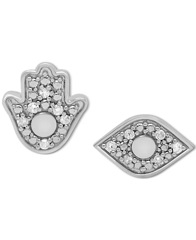 Diamond Hamsa Hand & Evil Eye Mismatch Stud Earrings (1/10 ct. t.w.) in Sterling Silver