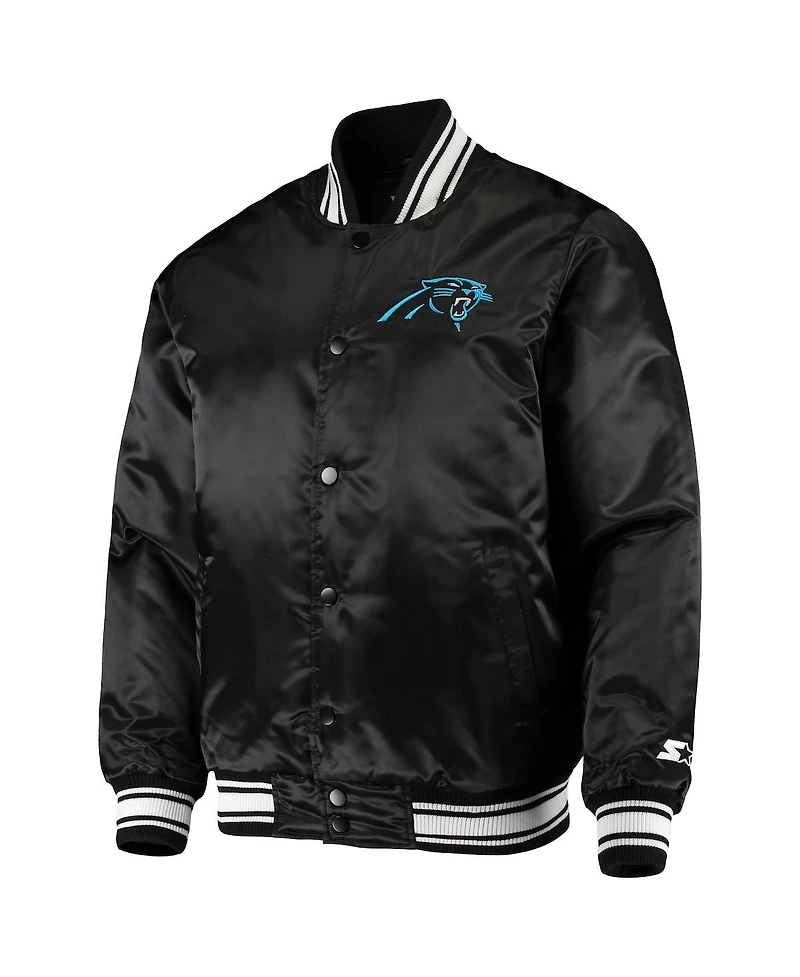 Men's Starter Black Carolina Panthers Locker Room Satin Varsity Full-Snap Jacket