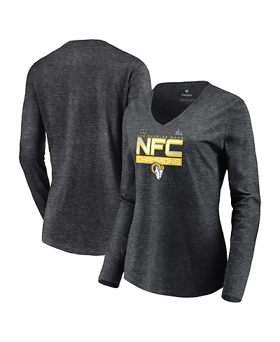 Women's Fanatics Charcoal Los Angeles Rams 2021 Nfc Champions Iconic Slant V-Neck Long Sleeve T-shirt