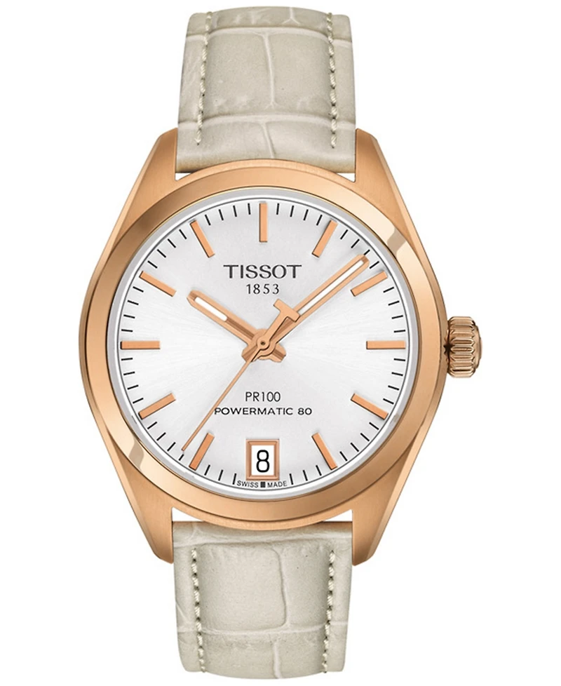 Tissot Women's Swiss Automatic Pr 100 Cream Leather Strap Watch 33mm