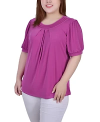 Plus Short Puff Sleeve Sheer Inset Top