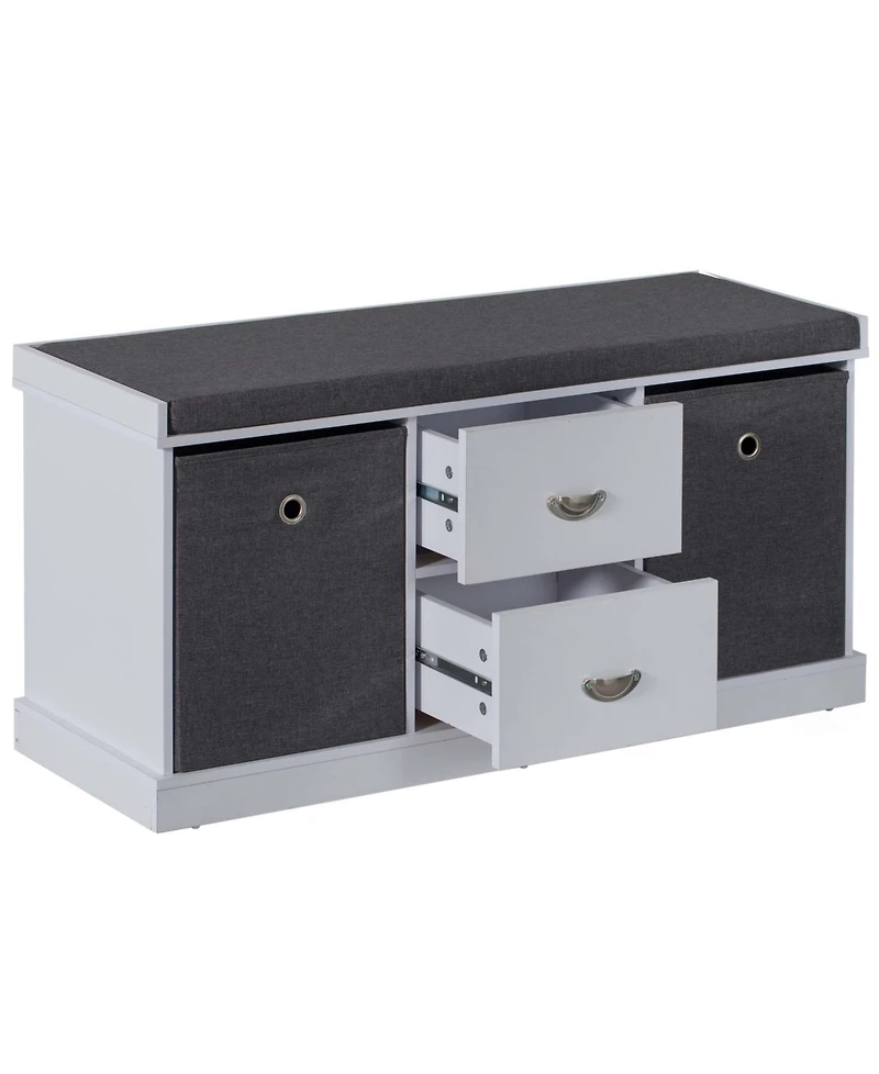 Basicwise White Shoe Storage Bench with Wooden Frame, 2 Drawers, Foldable Baskets, and Comfortable Gray Cushion for Entryway, Hallway, or Bedroom Orga