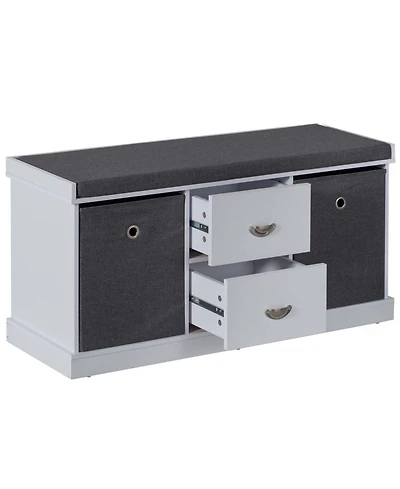 Basicwise White Shoe Storage Bench with Wooden Frame, 2 Drawers, Foldable Baskets, and Comfortable Gray Cushion for Entryway, Hallway, or Bedroom Orga