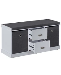 Basicwise White Shoe Storage Bench with Wooden Frame, 2 Drawers, Foldable Baskets, and Comfortable Gray Cushion for Entryway, Hallway, or Bedroom Orga