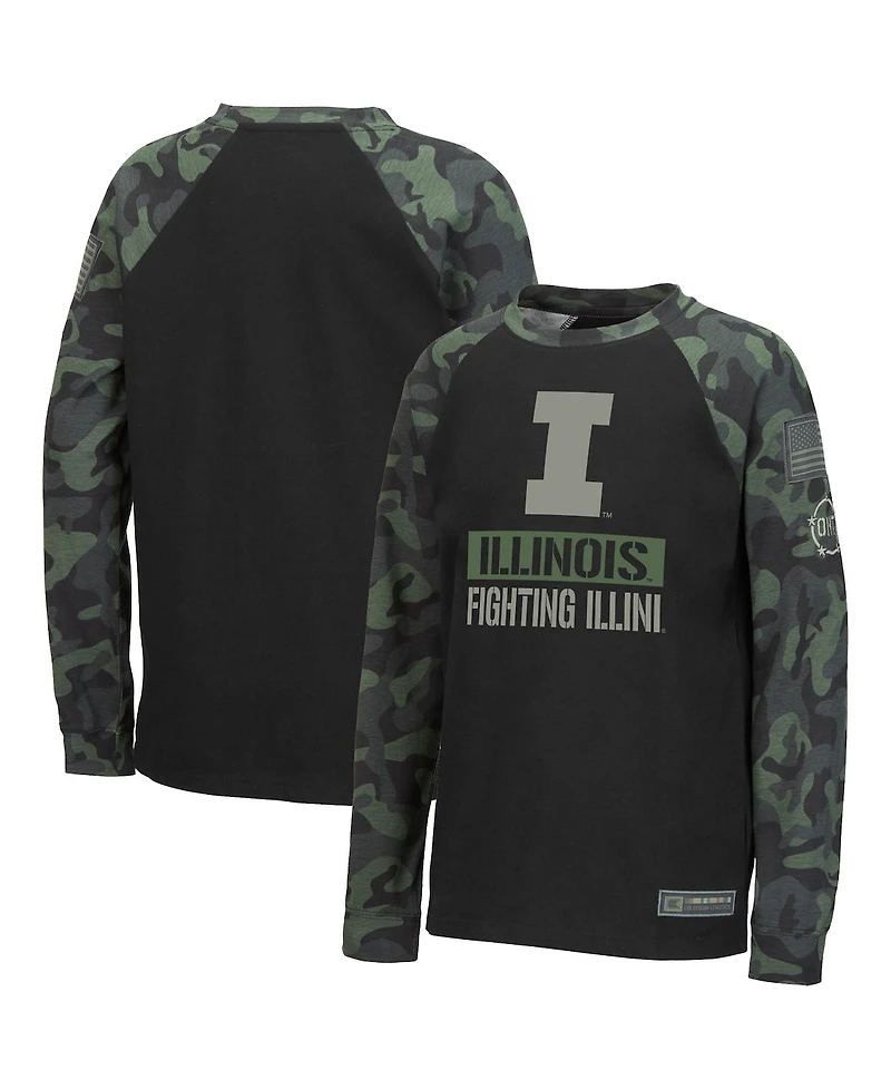 Big Boys Colosseum Black, Camo Illinois Fighting Illini Oht Military-Inspired Appreciation Raglan Long Sleeve T-shirt