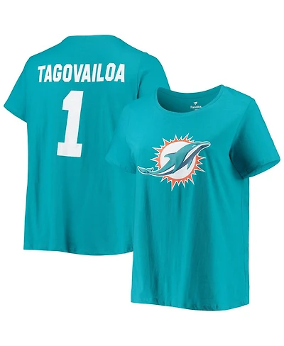 Women's Fanatics Tua Tagovailoa Aqua Miami Dolphins Plus Size Name and Number T-shirt