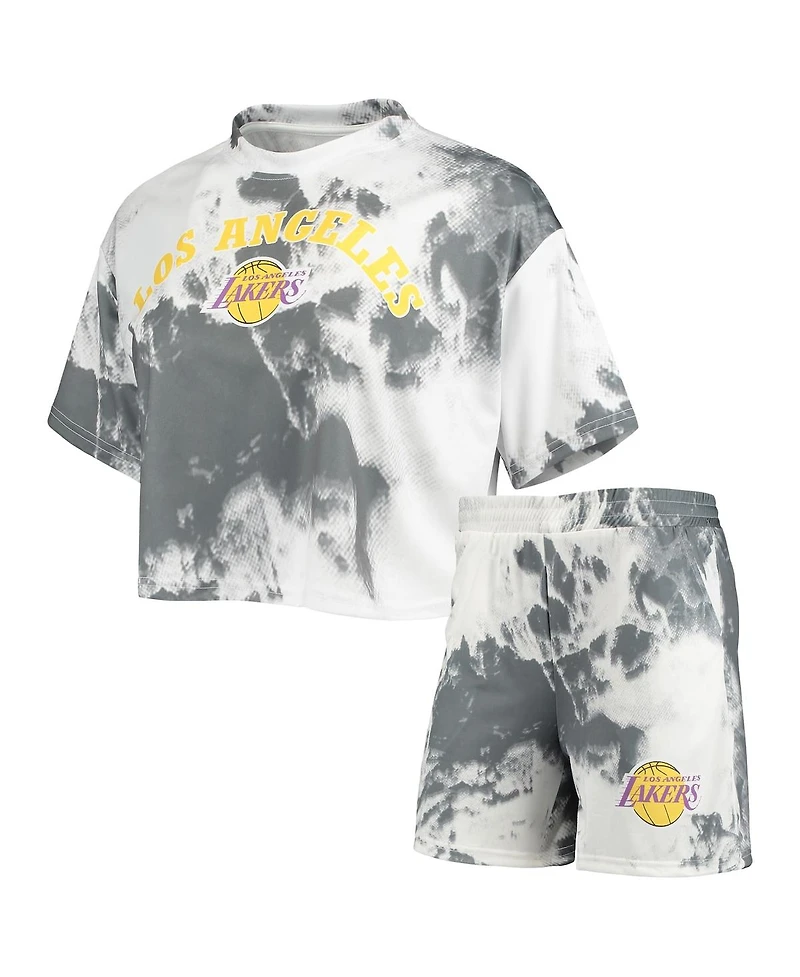 Women's Nba Exclusive Collection White, Black Los Angeles Lakers Tie-Dye Crop Top and Shorts Set