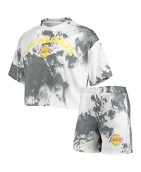 Women's Nba Exclusive Collection White, Black Los Angeles Lakers Tie-Dye Crop Top and Shorts Set