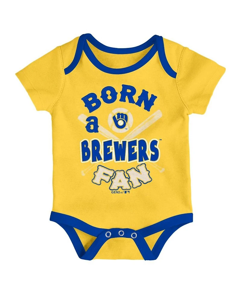 Baby Boys or Baby Girls Newborn Infant Royal and Gold and Cream Milwaukee Brewers Three-Pack Number One Bodysuit