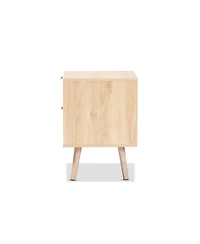 Baird Mid-Century Modern Wood and Rattan 2 Drawer Nightstand