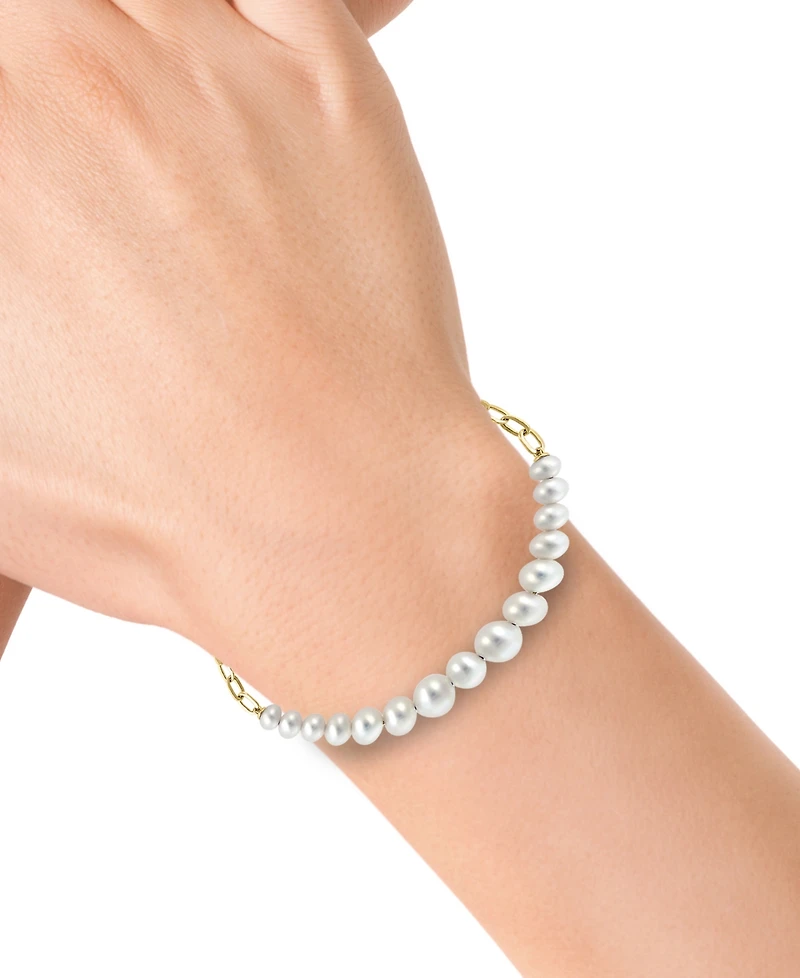 Effy Cultured Freshwater Pearl (7-1/2mm) & Diamond (1/10 ct. t.w.) Paperclip Bracelet in 14k Gold