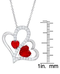 Women's Fine Silver Plated Simulated Ruby Cubic Zirconia Double Heart Pendant Necklace