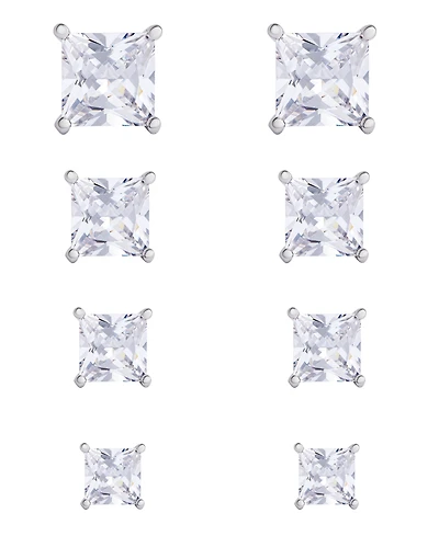Women's Fine Silver Plated Square Cubic Zirconia Stud Earrings Set, 8 Pieces