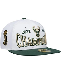 Men's New Era White, Hunter Green Milwaukee Bucks Arch Champs 59Fifty Fitted Hat