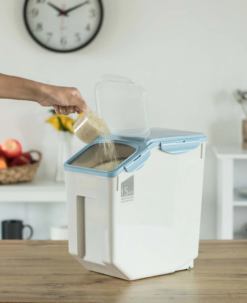 Large Plastic Storage Food Holder Containers with a Measuring Cup and Wheels, Set of 3