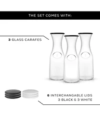 JoyJolt Hali Set of 3 Glass Carafes with 6 Colored Lids, 35 oz