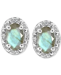 Onyx & Diamond Accent Oval Stud Earrings Sterling Silver (Also Labradorite Turquoise)