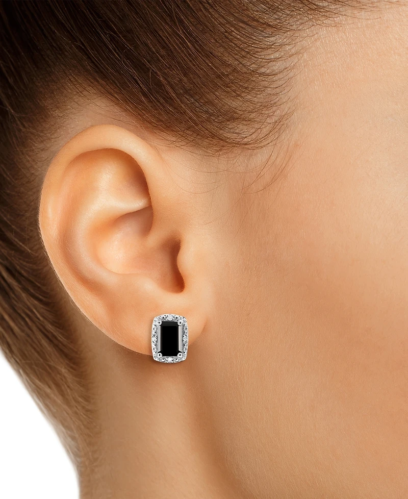 Onyx & Diamond Accent Rectangle Stud Earrings Sterling Silver (Also Turquoise Labradorite)