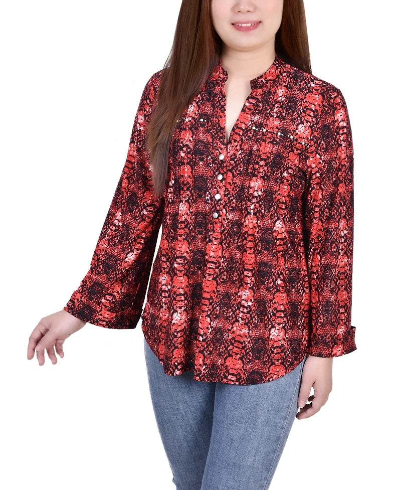 Petite Long Sleeve Jacquard Knit Y-neck Top