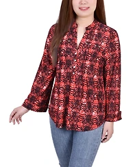 Petite Long Sleeve Jacquard Knit Y-neck Top