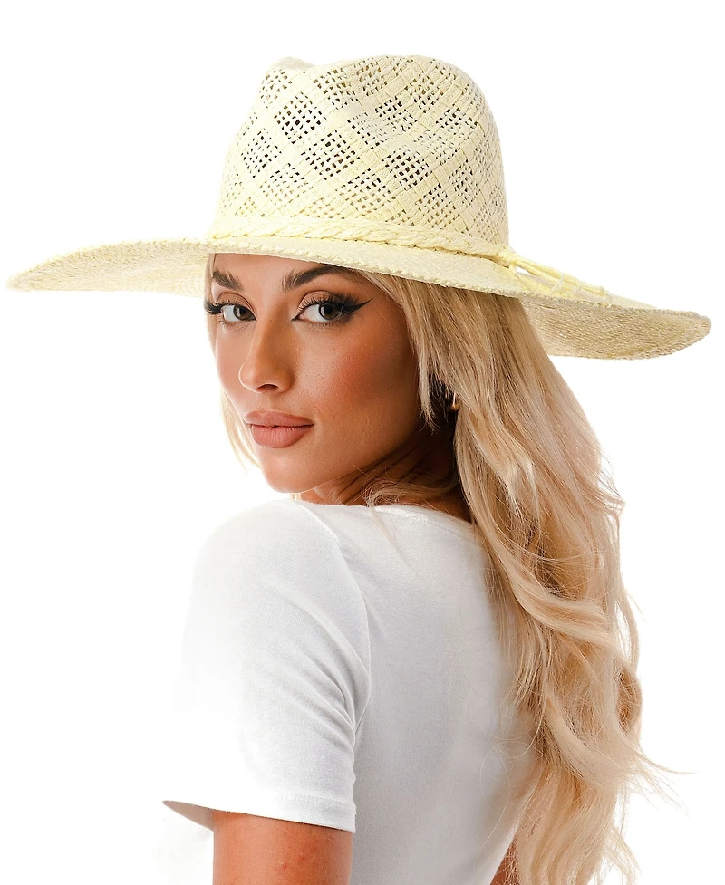 Marcus Adler Women's Wide Brim Straw Hat with Ribbon Trim