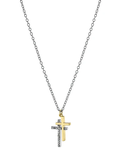 Giani Bernini Cubic Zirconia Double Cross Pendant Necklace in Sterling Silver & Gold-Plate, 16" + 2" extender, Created for Macy's