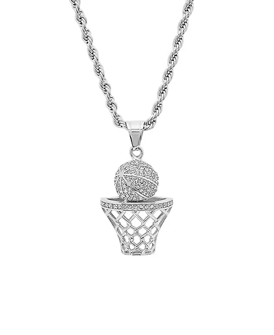 Steeltime Men's Stainless Steel Simulated Diamond Basketball and Hoop Pendant