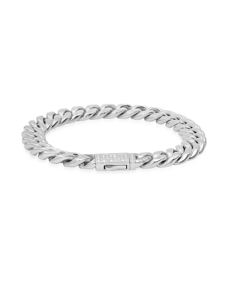 Steeltime Men's Stainless Steel Thick Cuban Link Chain Bracelet with Simulated Diamonds Clasp