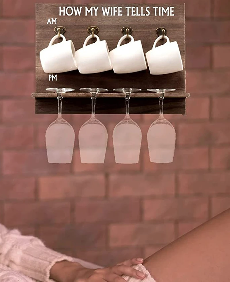 How My Wife Tells Time Wall Mounted Wine Rack with Wine Glasses and Coffee Mugs, Set of 9
