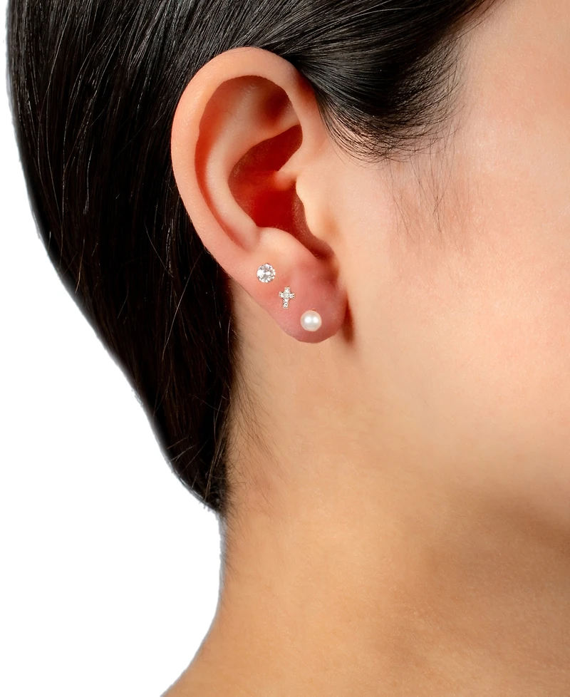 Giani Bernini 3-Pc. Cubic Zirconia & Cultured Freshwater Pearl (4mm) Stud Earrings in Sterling Silver, Created for Macy's