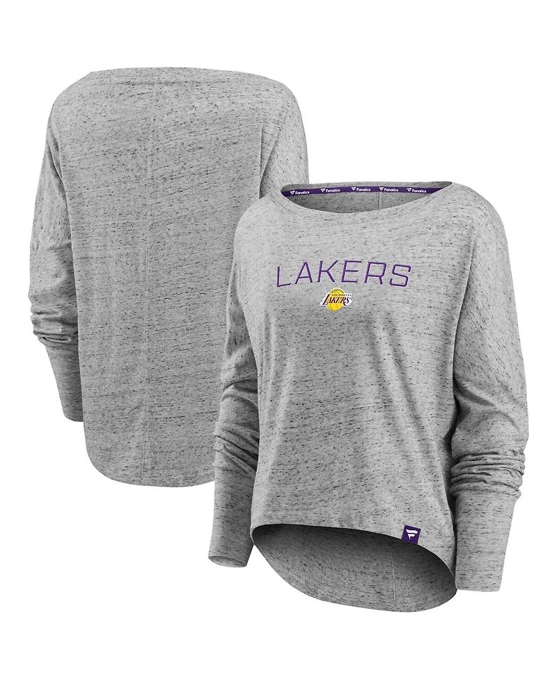 Women's Fanatics Heathered Gray Los Angeles Lakers Nostalgia Off-The-Shoulder Long Sleeve T-shirt