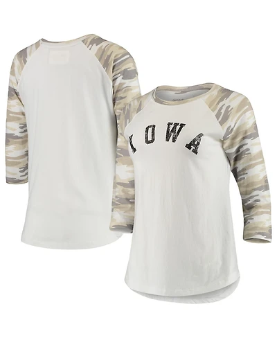 Women's White and Camo Iowa Hawkeyes Boyfriend Baseball Raglan 3/4-Sleeve T-shirt
