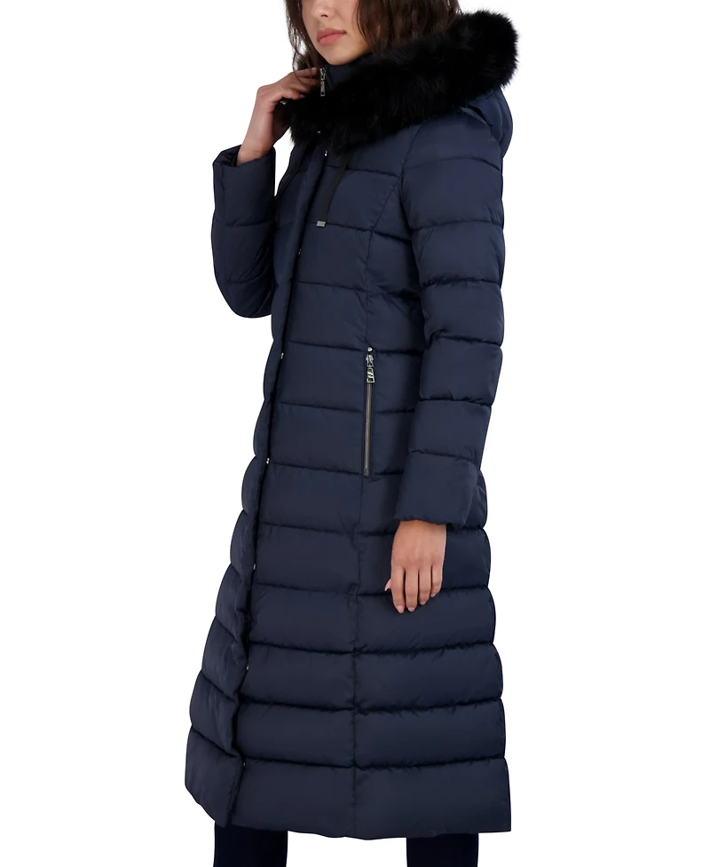 Tahari Womens Maxi Shine Bibbed Faux-Fur-Trimmed Hooded Puffer Coat
