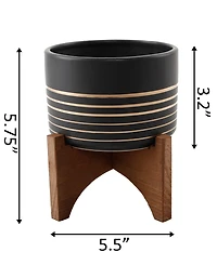 Flora Bunda Ceramic Planter on Wood Stand, 5.5"