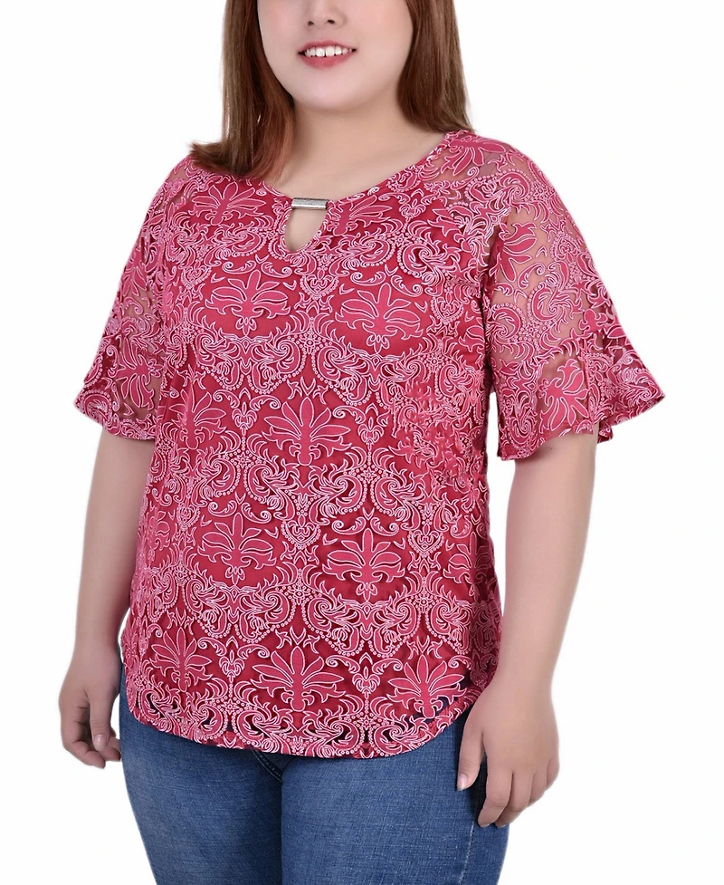 Plus Size Short Bell Sleeve Lace Blouse