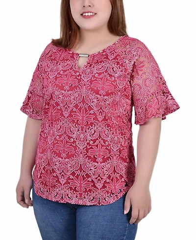 Plus Size Short Bell Sleeve Lace Blouse
