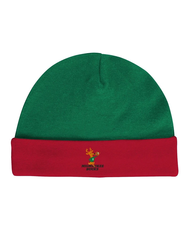 Infant Boys and Girls Mitchell & Ness Hunter Green, Red Milwaukee Bucks Hardwood Classics Bodysuits and Cuffed Knit Hat Set