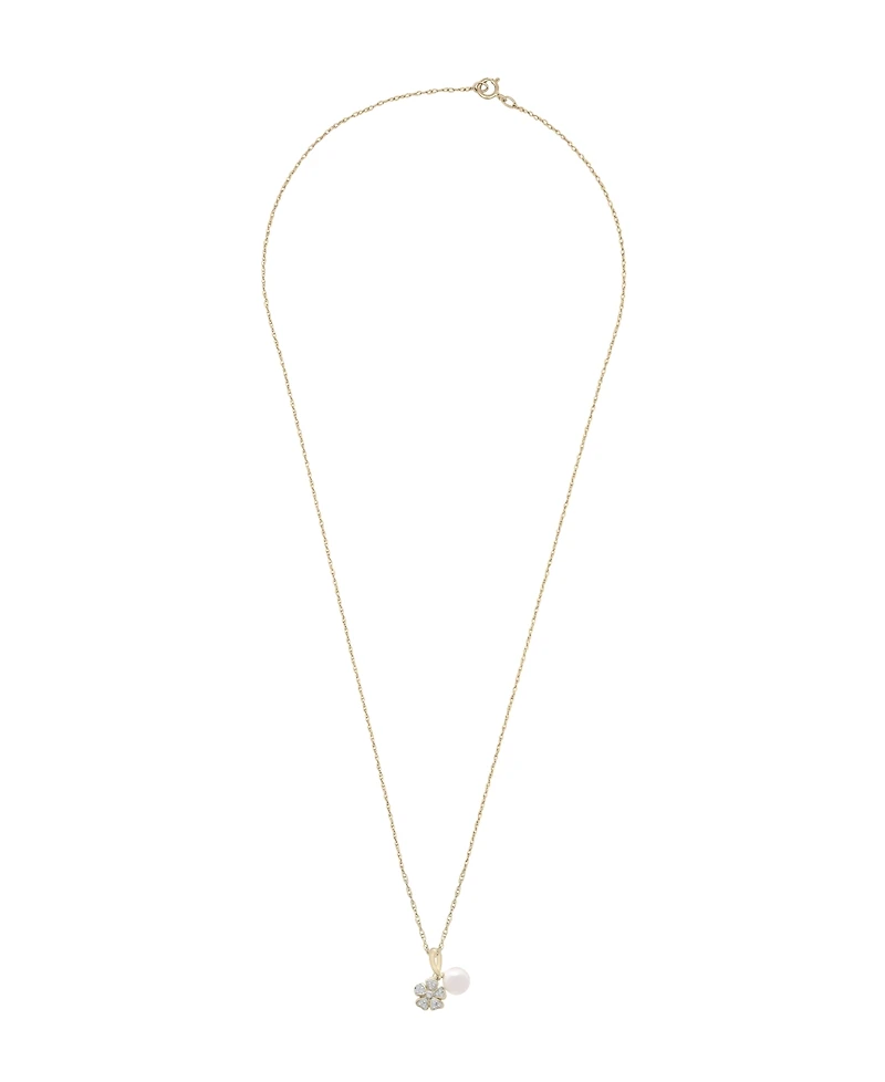 Cultured Freshwater Pearl with Diamond Flower Pendant Necklace in 14K Yellow Gold