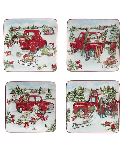 Certified International Red Truck Snowman 4 Piece Dessert Plate Set