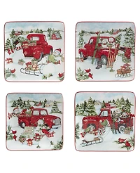 Certified International Red Truck Snowman 4 Piece Dessert Plate Set