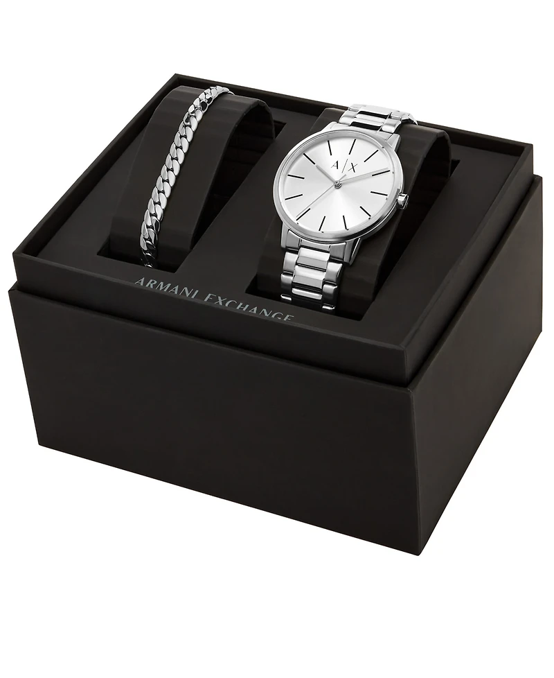 A|X Armani Exchange Men's Three-Hand Silver-tone Stainless Steel Bracelet Watch and 1 Bracelet Gift Set, 42mm