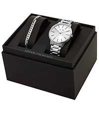 A|X Armani Exchange Men's Three-Hand Silver-tone Stainless Steel Bracelet Watch and 1 Bracelet Gift Set, 42mm