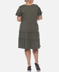 White Mark Plus Short Sleeve V-neck Tiered Midi Dress