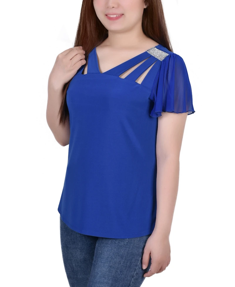 Women's Short Flutter Sleeve Top with Cutouts and Stones