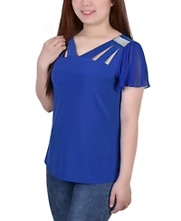 Women's Short Flutter Sleeve Top with Cutouts and Stones